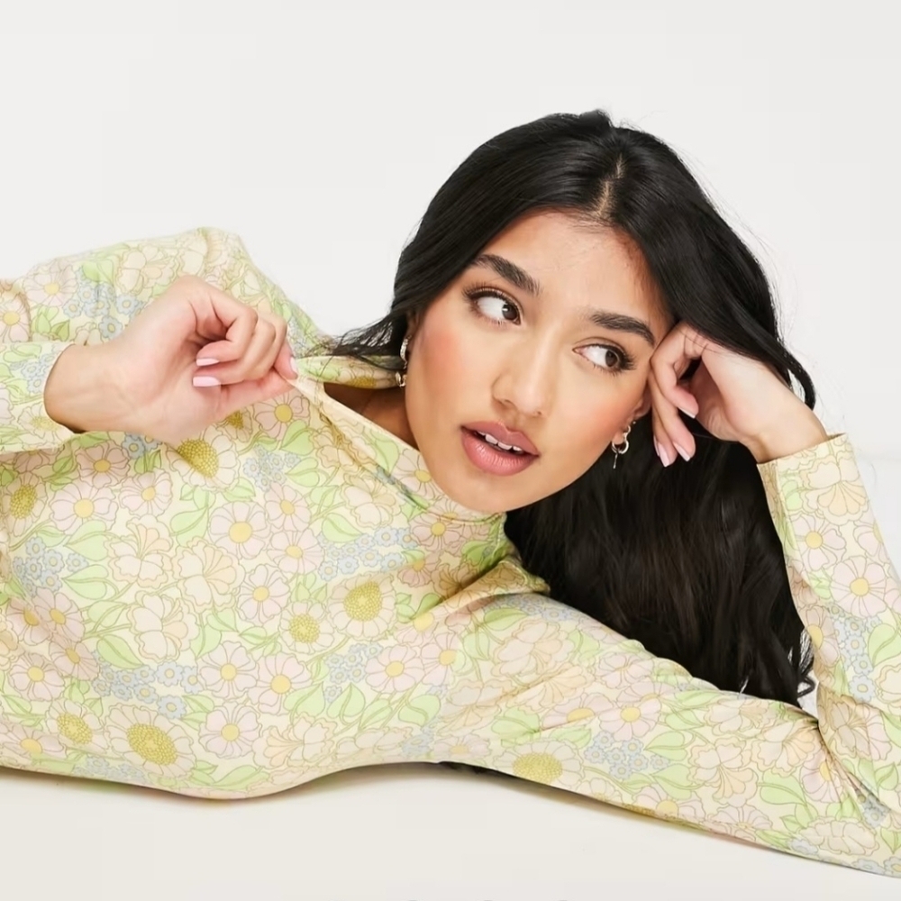 Monki Pastel Floral Long Sleeve Tee in Yellow, Green, Pink